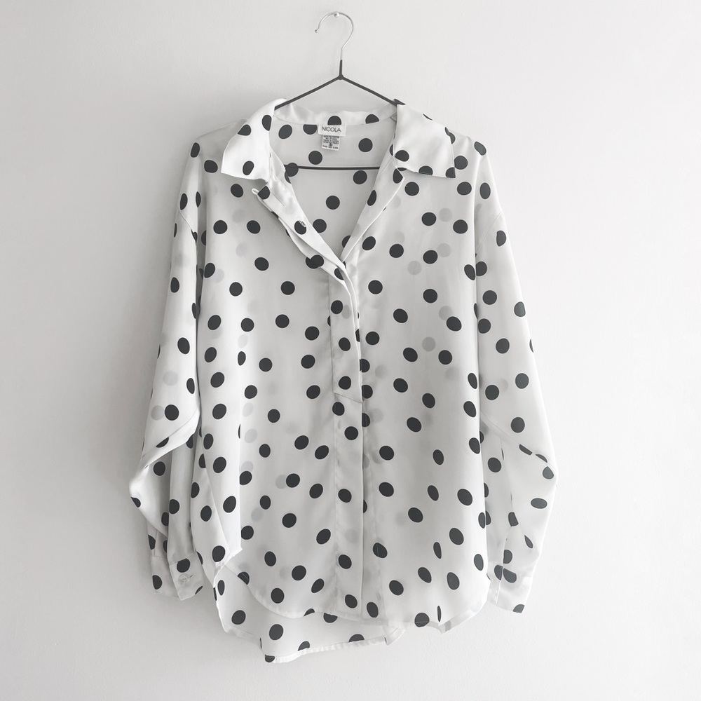 Vintage Black & White Polka-Dot Flowy Blouse - Small